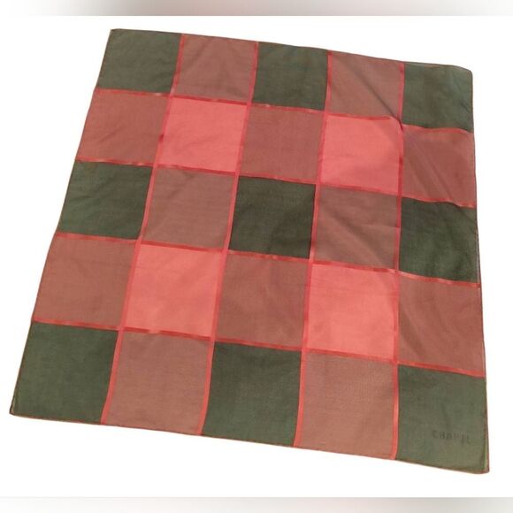 Vintage Checkered Square Scarf Pink & Grey Ribbon Rolled Hem - Picture 1 of 11